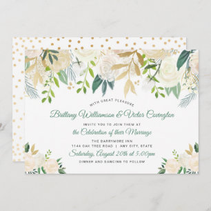 Convites Casamento Verde Floral de Creme Branco Moderno