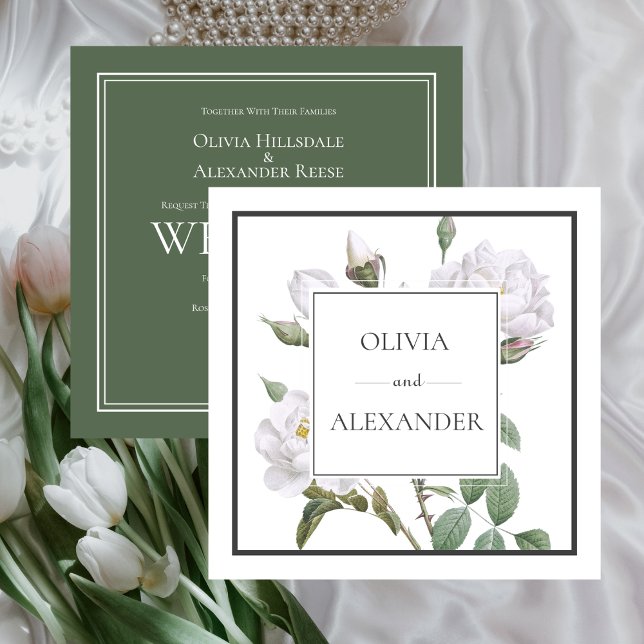 Convites Casamento Verde Floral Elegante de Rosas Brancas (White Roses Elegant Floral Green Wedding Invitation)
