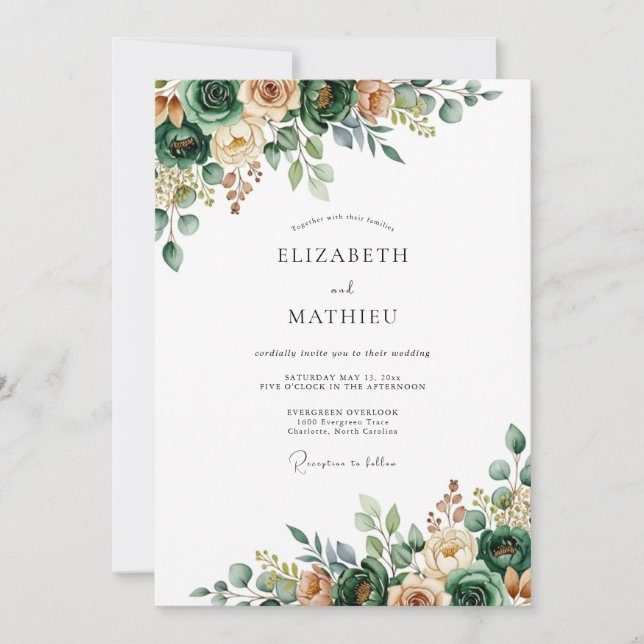 Convites Casamento Verde Floral Verdejante (Frente)