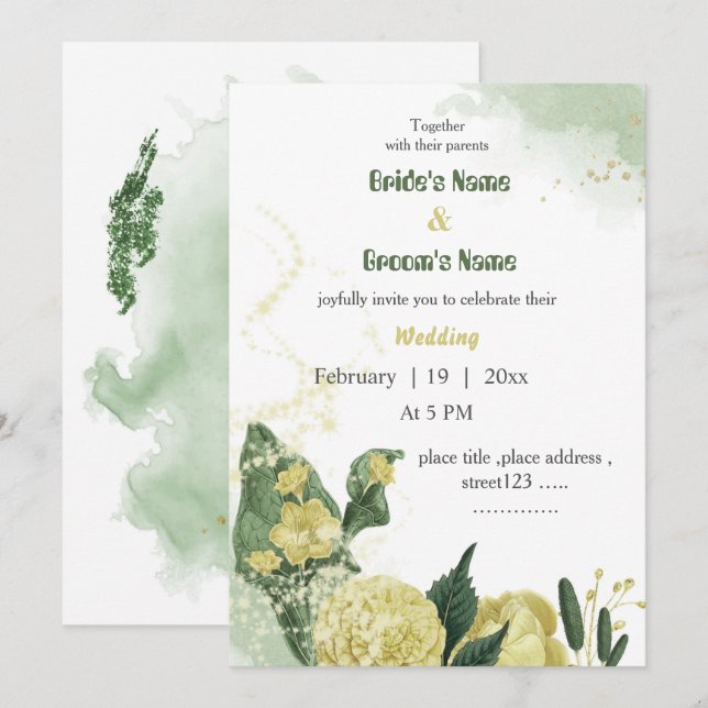 Convites casamento verde-flores amarelas (Frente/Verso)