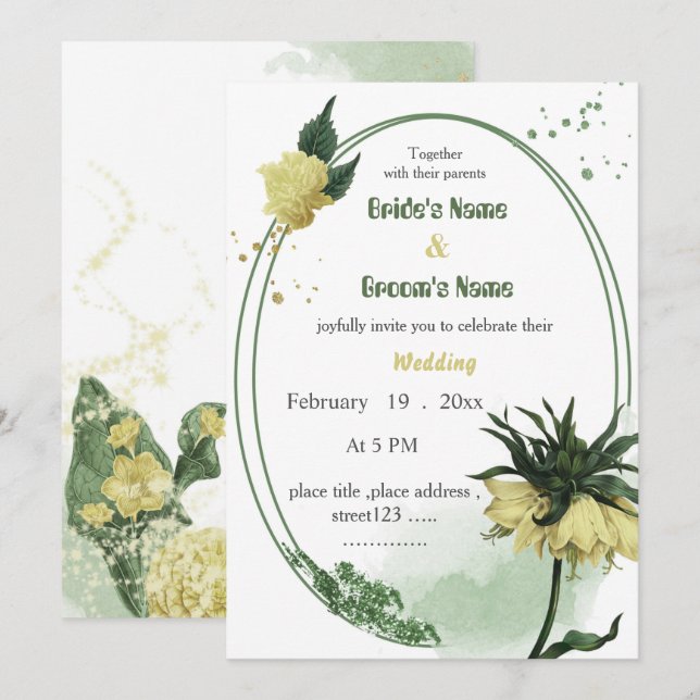 Convites casamento verde-flores amarelas (Frente/Verso)
