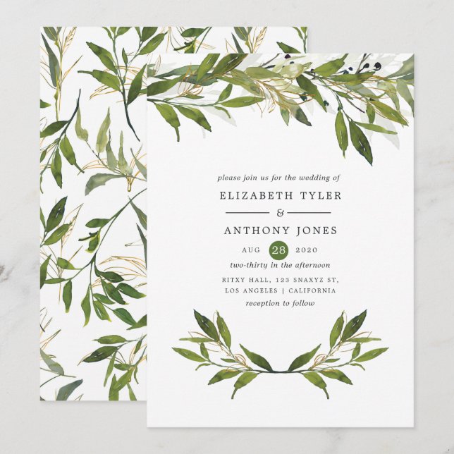 Convites Casamento Verde Folhagem Aquarela (Frente/Verso)