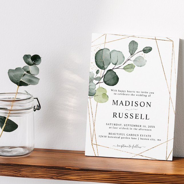 Convites Casamento Verde Folhagem Dourada Eucalipto (Eucalyptus Gold Greenery Wedding Invitation)