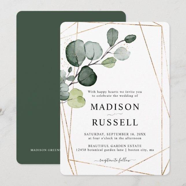 Convites Casamento Verde Folhagem Eucalipto Dourado (Frente/Verso)