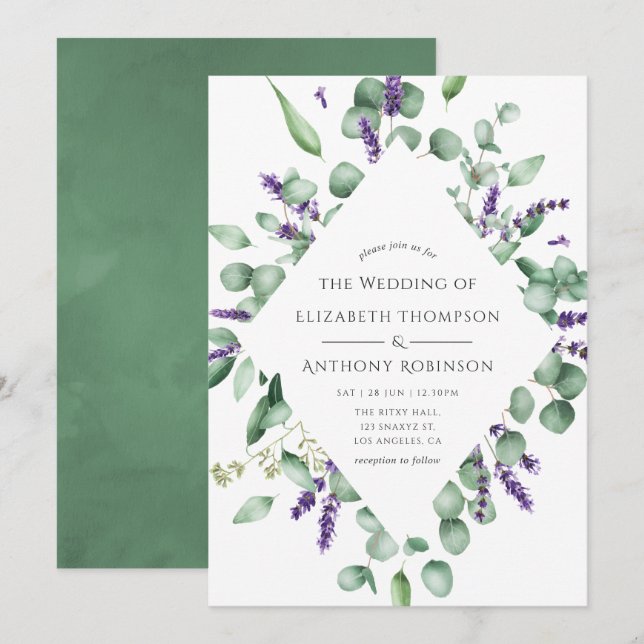 Convites Casamento Verde Folhagem Lavanda Eucalipto (Frente/Verso)