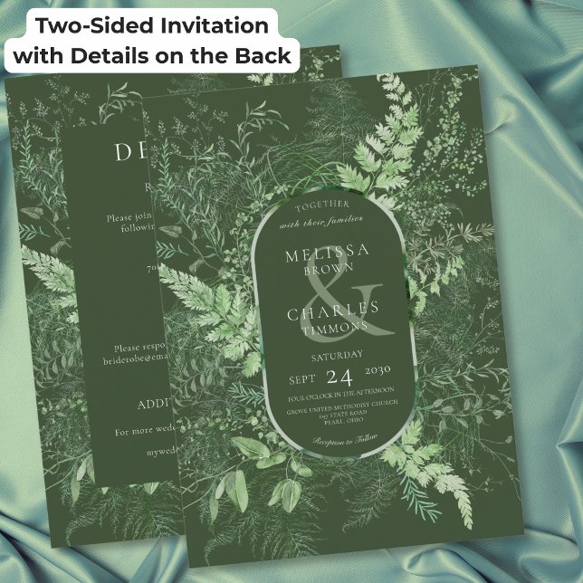 Convites Casamento Verde Folhagem Samambaia Rústica de Dois (Rustic Fern Green Foliage Green Two Sided Wedding Invitation)