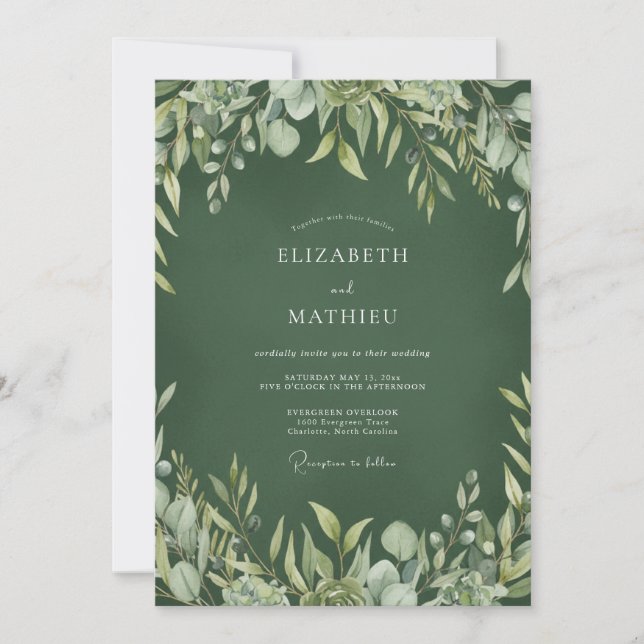 Convites Casamento Verde-Hunter Exuberante em Bosque (Frente)