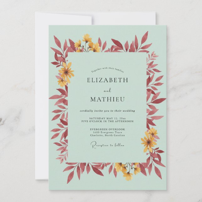 Convites Casamento Verde-Menta com Folhas de Borgonha (Frente)