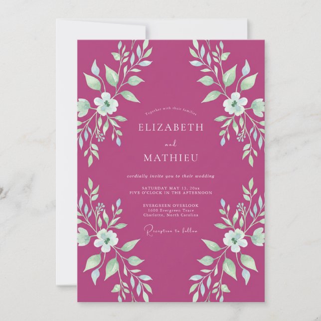 Convites Casamento Verde-Menta Magenta Folhado (Frente)