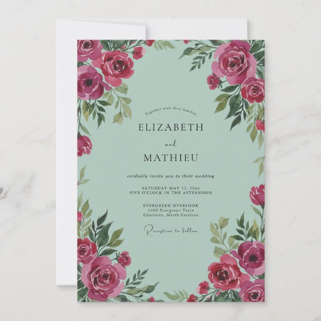 Convites Casamento Verde-Menta Ranunculus Cinza Eucalipto (Frente)