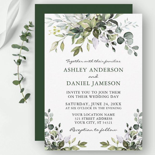 Convites Casamento Verde Moderno Elegante (Customize to change text color, style, add text & photos to back or change color of back of card.)