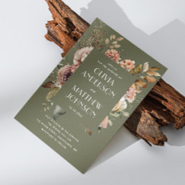 Convites Casamento Verde Oliva Terroso | Código QR Floral B