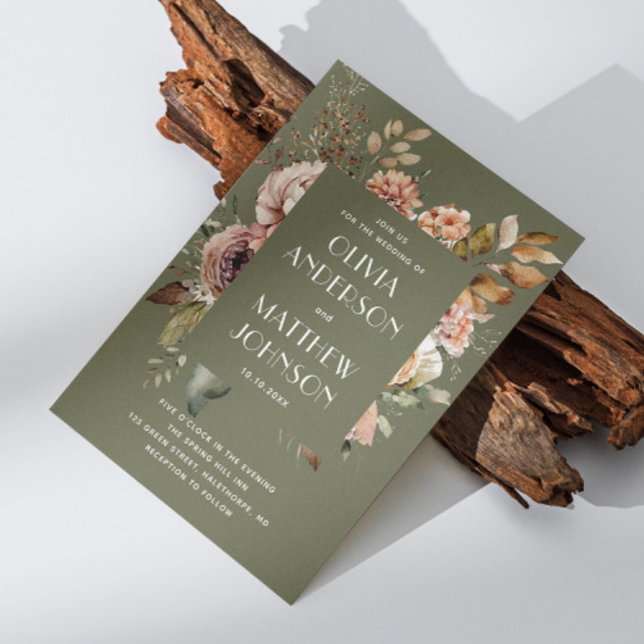 Convites Casamento Verde Oliva Terroso | Código QR Floral B (Criador carregado)