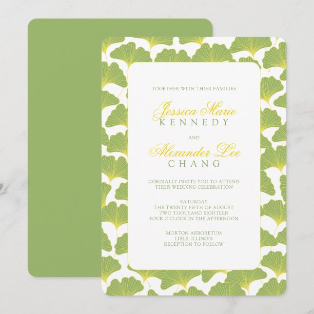 Convites Casamento Verde Primavera da Árvore Ginkgo (Frente/Verso)