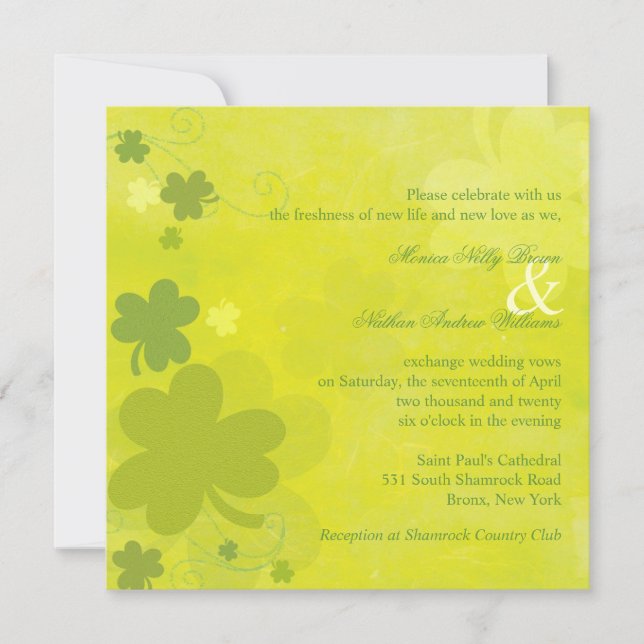 Convites Casamento Verde primavera Irish Shamrocks (Frente)