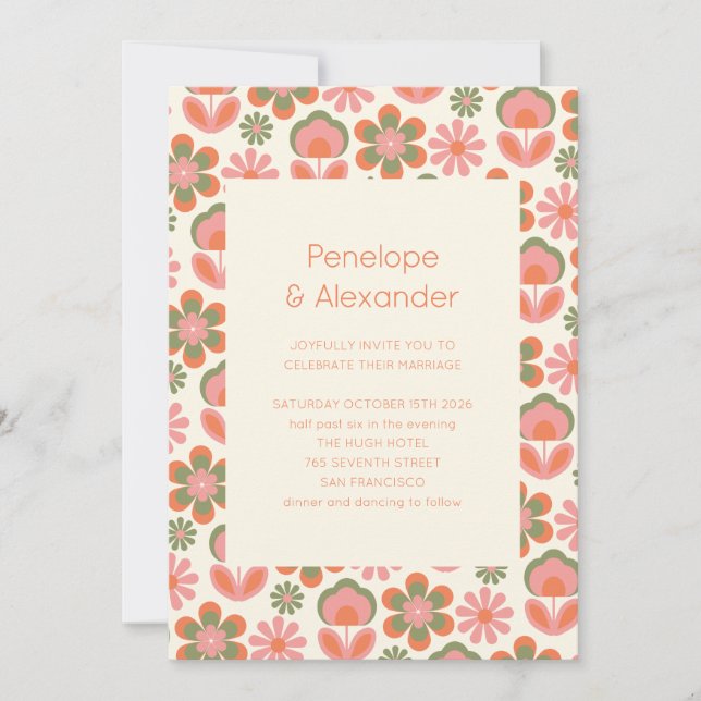 Convites Casamento Verde Rosa Boho 70s Flores (Frente)