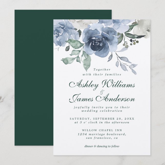 Convites Casamento Verde-Rosa Dark-Dusty Azul-Ivory (Frente/Verso)