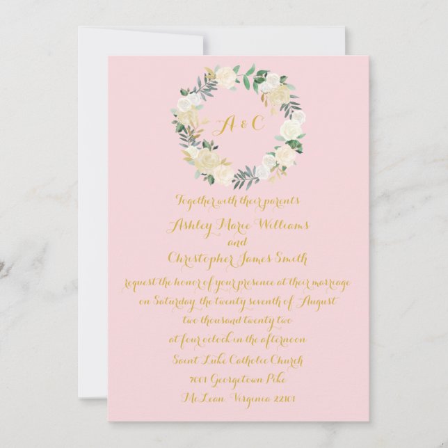Convites Casamento Verde Rosa e Dourado Floral (Frente)