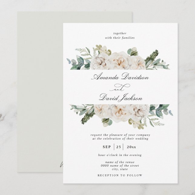 Convites Casamento Verde Rustic Greenery White Floral Sage (Frente/Verso)