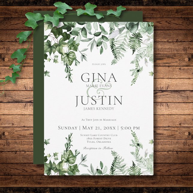 Convites Casamento Verde Rustic Ivy & Sage (Rustic Ivy & Sage Greenery Green Wedding Invitation)