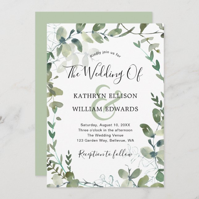 Convites Casamento Verde Rustic Modern Eucalyptus (Frente/Verso)