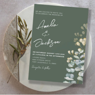 Convites Casamento Verde Rustic Watercolor Eucalyptus Dark