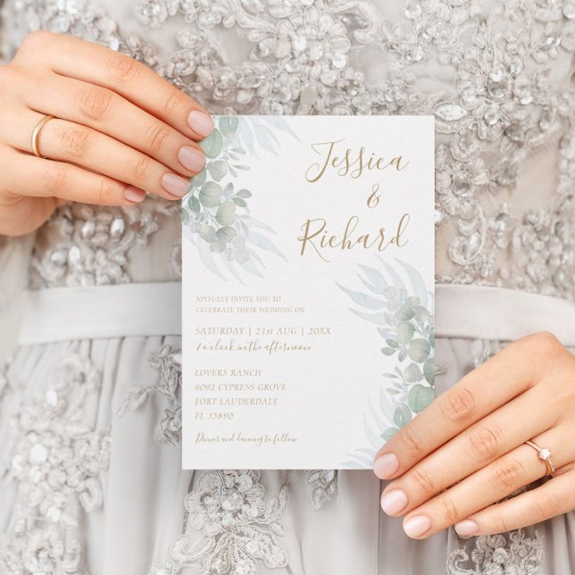 Convites Casamento Verde Rustic Watercolor Eucalyputus Sage (Criador carregado)