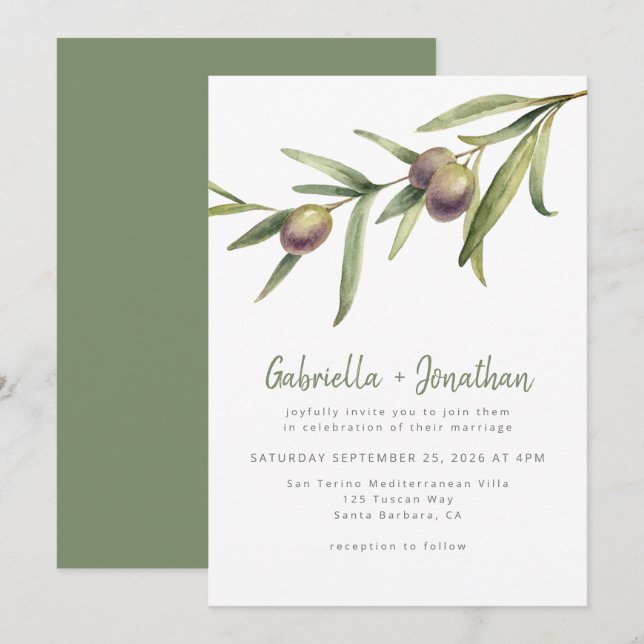 Convites Casamento Verde Rustic Watercolor Olive Branch (Frente/Verso)