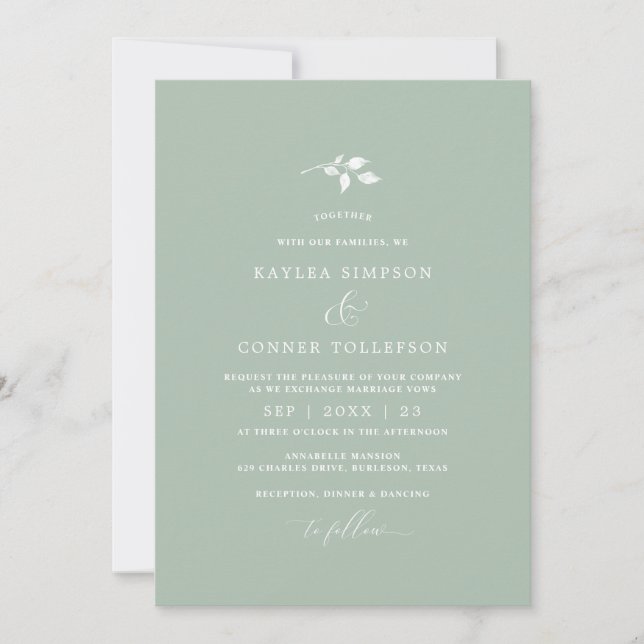 Convites Casamento Verde Sage Claro Simples Elegante Clássi (Frente)