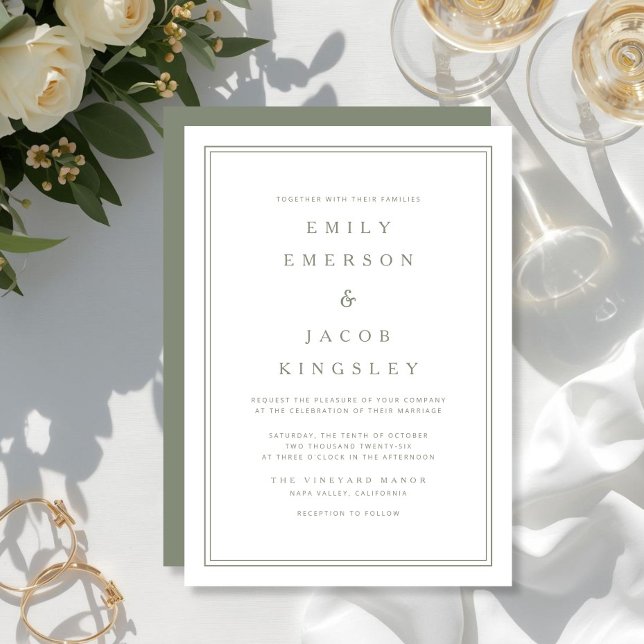 Convites Casamento Verde Sage Clássico Elegante (Elegant Classic Sage Green Wedding Invitation)