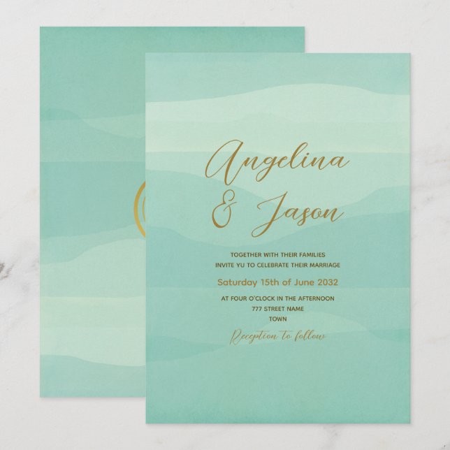 Convites Casamento Verde Sage Dourado Minimalista (Frente/Verso)