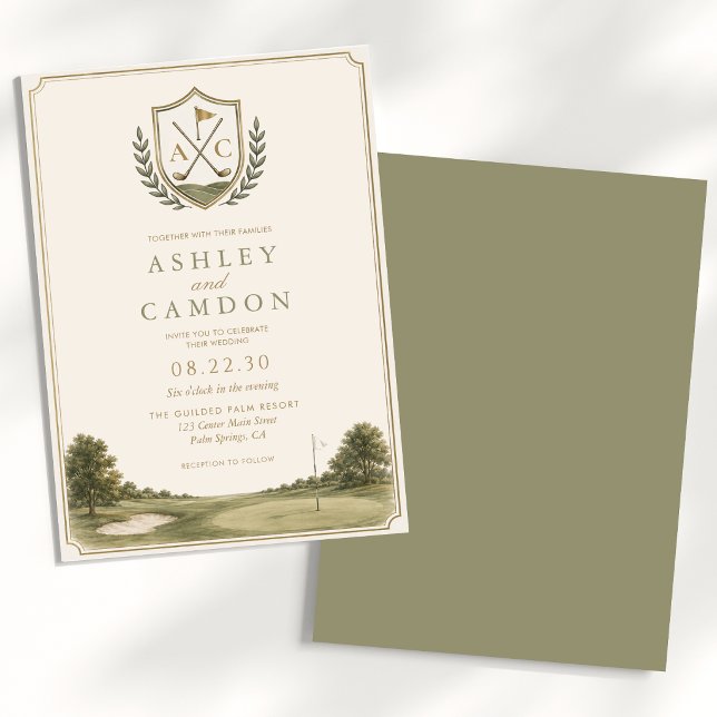 Convites Casamento Verde Sage Dourado Monograma de Golfe (Criador carregado)