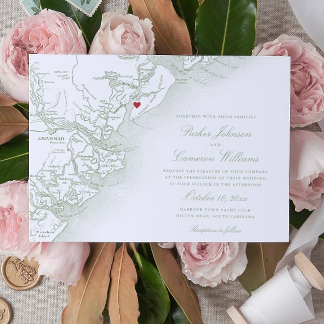Convites Casamento Verde Sage - Ilha Elegante Hilton Head (Hilton Head SC Map Wedding Invitation in Elegant Sage Green by Coastal Map Designs)