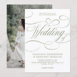 Convites Casamento Verde Sage Minimalista da Caligrafia Mod