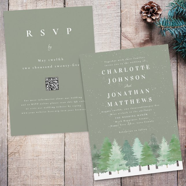 Convites Casamento Verde Sage na Floresta Moderna de Invern (Modern watercolor snowy Woodland forest sage green winter wedding qr code invitation)