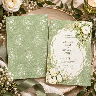 Convites Casamento Verde Sage Vintage Elegante Grandmilleni