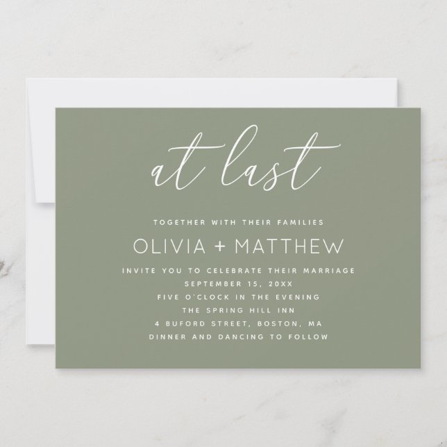 Convites Casamento Verde Salvia + Código QR | Roteiro Minim (Frente)
