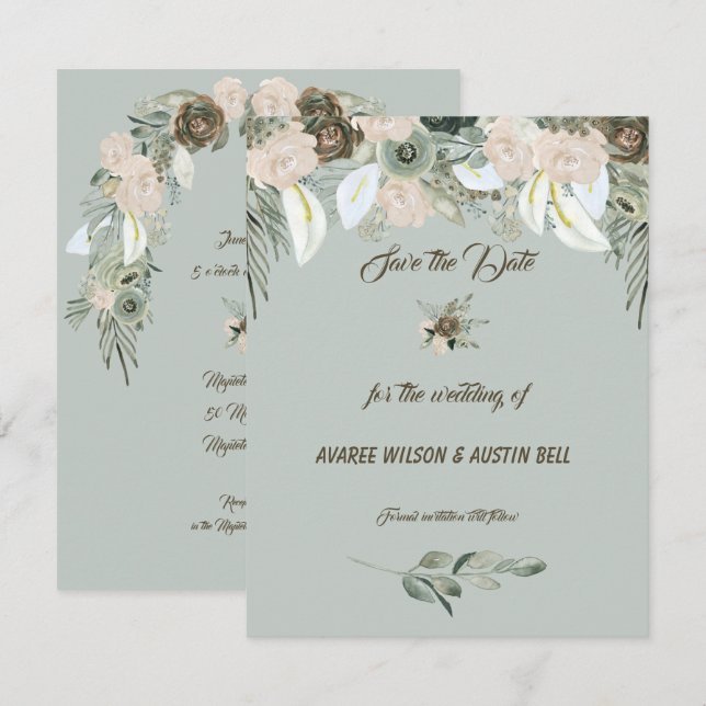 Convites Casamento Verde Salvia e Creme de Baunilha (Frente/Verso)