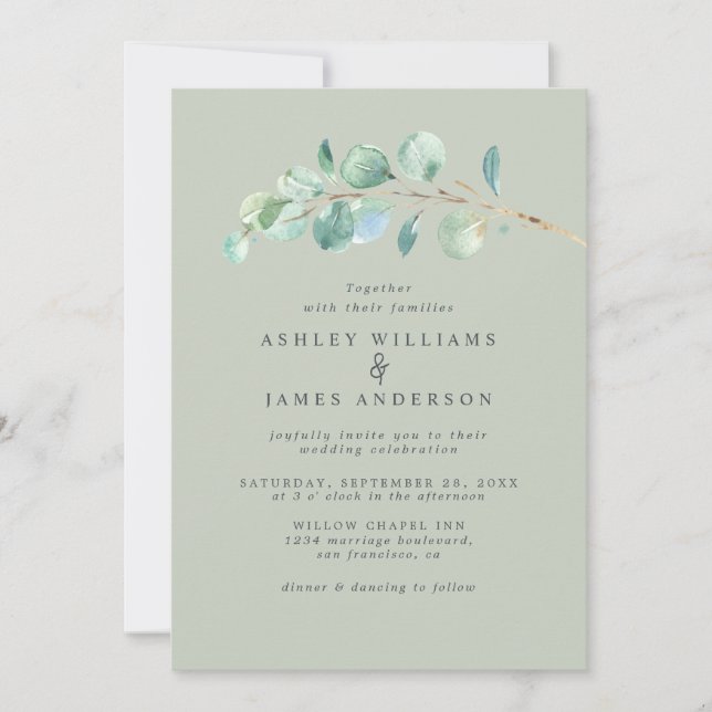 Convites Casamento Verde Simples Eucalyptus Foliage Pastel (Frente)