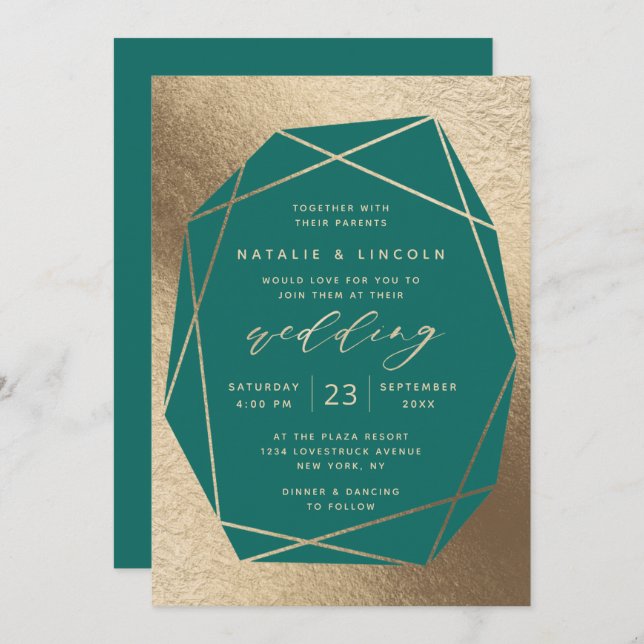 Convites Casamento Verde-Teal-Gemstone-Corte e Foil-Ouro (Frente/Verso)