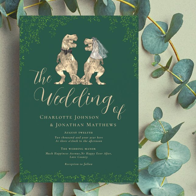 Convites Casamento Verde Tema Dinossauro (Dinosaur wedding green invitation T-Rex dino bride & groom modern elegant script eucalyptus foliage)