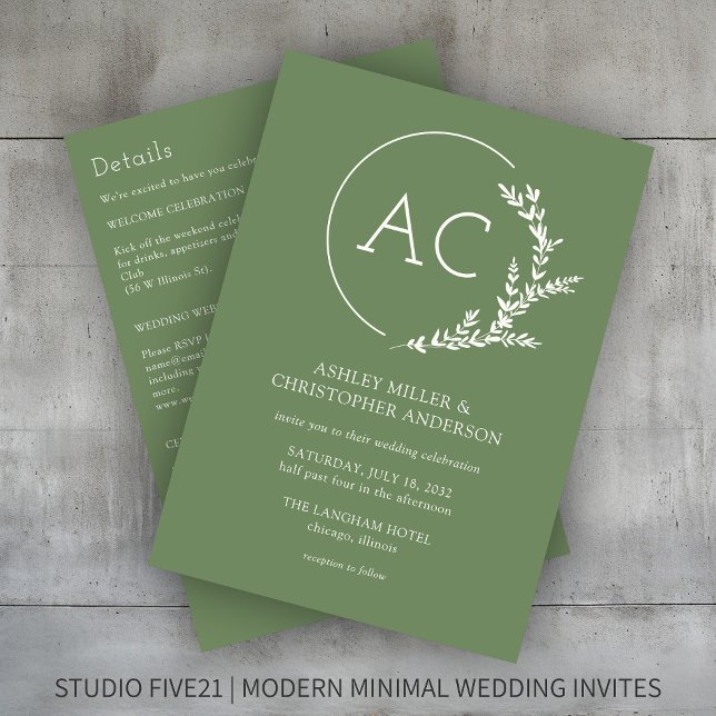 Convites Casamento Verde Tudo-em-Um com Quadro Foliar Moder (Criador carregado)
