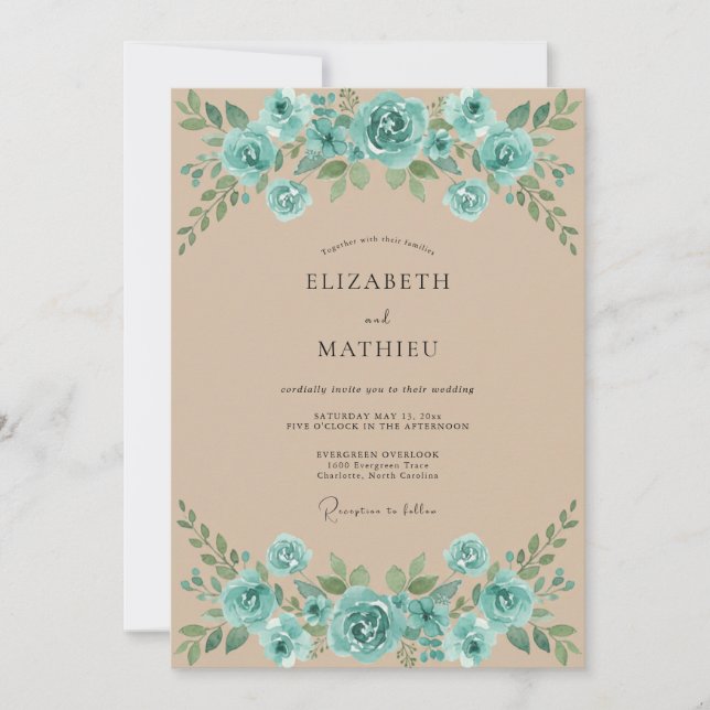 Convites Casamento Verde Turquesa com Champanhe (Frente)