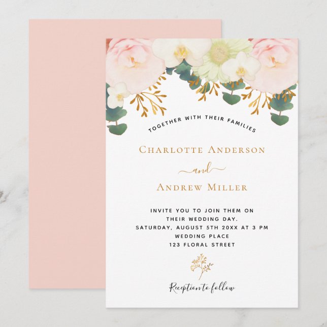 Convites Casamento verde-verde de ouro floral branco-rosado (Frente/Verso)