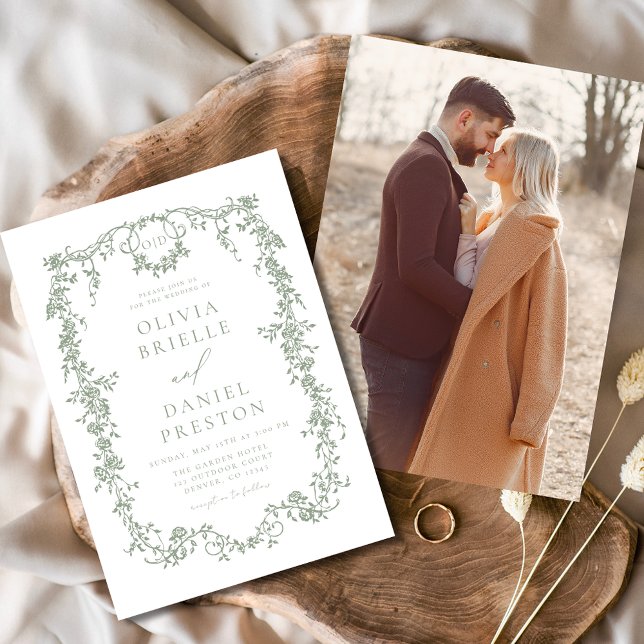Convites Casamento Verde Vintage em Francês (Criador carregado)