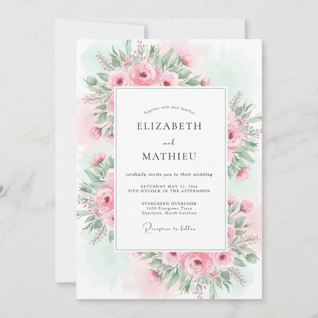 Convites Casamento Verdejante de Primavera com Rosa Cor-de- (Frente)