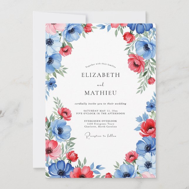 Convites Casamento Vermelho Azure Vibrante de Verão (Frente)