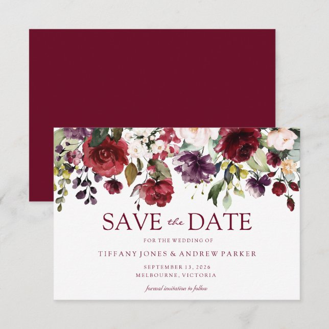 Convites Casamento Vermelho Borgonha Romântico Save The Dat (Frente/Verso)