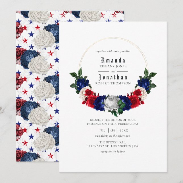 Convites Casamento Vermelho Branco e Azul no Dia 4 de Julho (Frente/Verso)