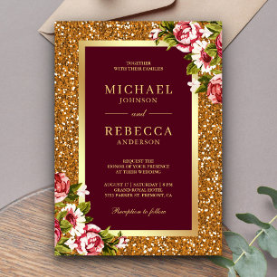Convites Casamento Vermelho Brilhante Rosa Brilhante Dourad